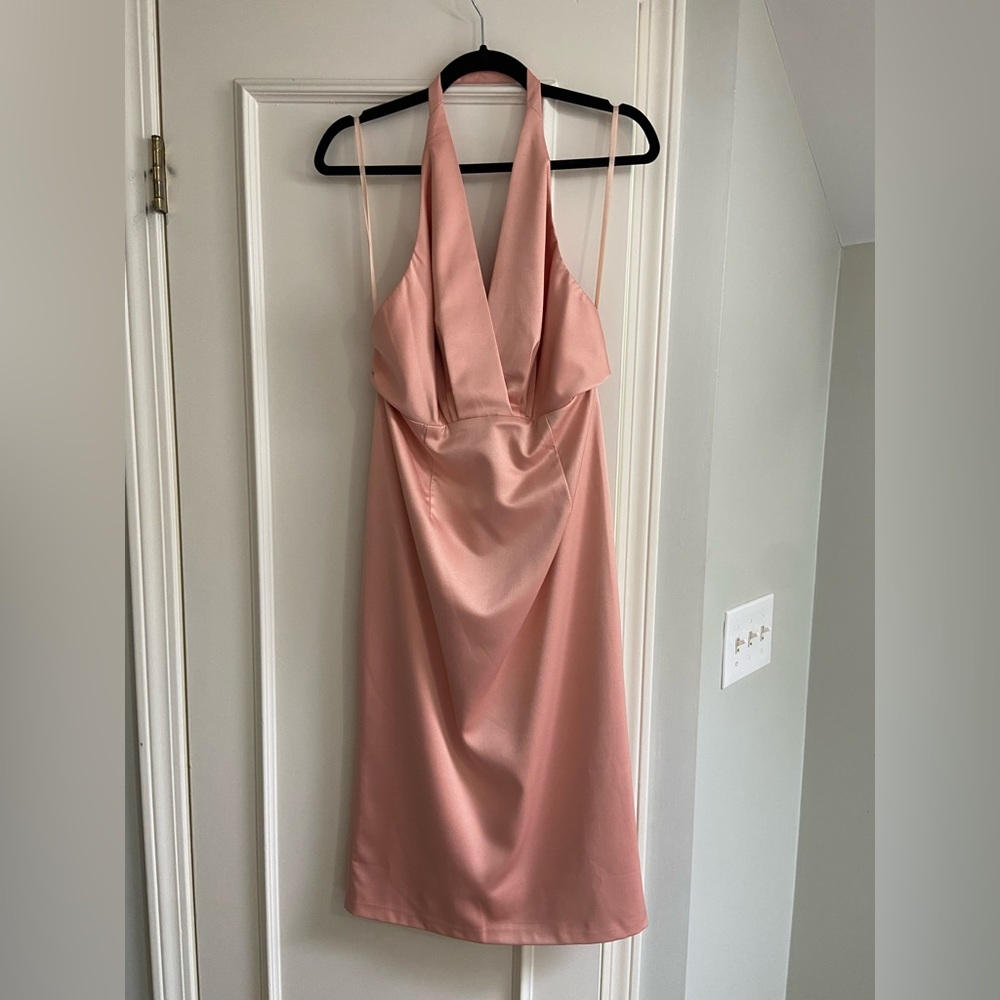 Elle Zeitoune Rose Gold Halter Cocktail Dress, size 14.